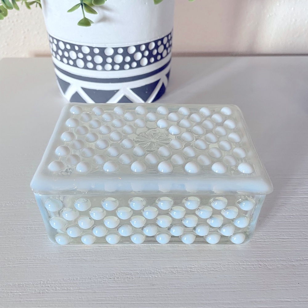 Fenton Hobnail Opalescent Moonstone Glass Cigarette Box Clear Glass Trinket Box